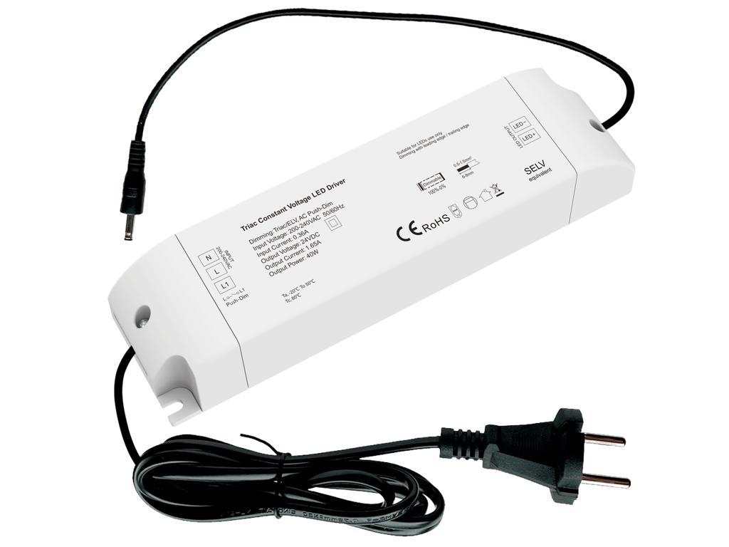 LED driver 24V 40W. Triac/Push dæmpbar. inkl. AC adapter og DC stik HAN ...