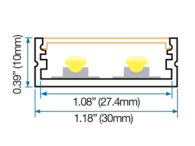 Sort alu-skinne 30x10 mm. med flat, matteret akryl-cover