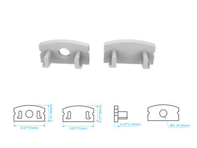 Endestykke-sæt. lysegrå. for 17x7 mm alu-profil (1 m. hul/1 uden)