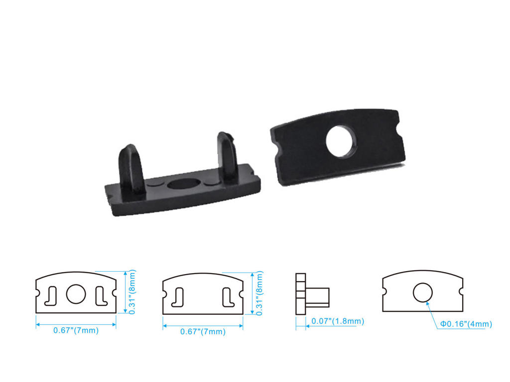 Endestykke-sæt. SORT. for 17x7 mm alu-profil (1 m. hul / 1 uden)