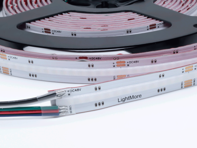 LED TrueColor COB strip RGBW 15 m. 16W/m. 48V. 896LED. RGB+3000K. IP20. 50 cm. 0.5mm2 i begge ender. med rødt 3M tape