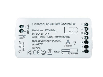 Casambi PWM5‐Pro controller 12V/24V. 1/2/3/4/5-kanals. plug'n play han/hun DC stik