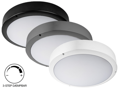 Pragmalux VENUS G2 plafond Ø:370mm. GRÅ eller SORT. 3-step dæmpbar add-on. m/CCT switch 3000K-5000K. IP65. 7W-16W