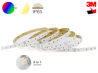 LED vandtæt TrueColor RGB&CCT strip 24V. 19.2W/m. 192 LED/m. IP65. 12mm PCB. 3M tape. 2x 20 cm. 0.5mm2 ledning