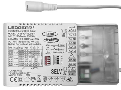 LEDGEAR DALI-2 & PUSH dæmpbar driver 1150-1500mA. output 14-38/40V DC. sløjfbar (fabriksindstilling 1150mA)