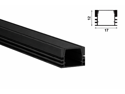 Alu-skinne for LED strip 17x12mm. SORT. 100 cm. inkl. mørkt cover og sorte endestykker.