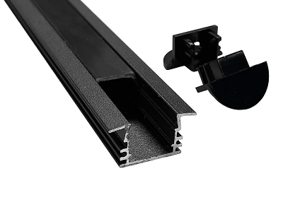 Alu-skinne SORT m. krave for LED strip. 190 cm. (17x12 mm) inkl. mørk cover samt endestykkesæt
