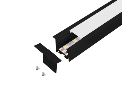 Alu-skinne m/krave for LED strip 25x25mm. SORT. 110 cm. inkl. mørkt cover og sorte endestykker.