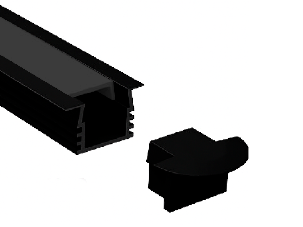 Alu-skinne SORT m. krave for LED strip. 190 cm. (17x12 mm) inkl. mørk cover samt endestykkesæt