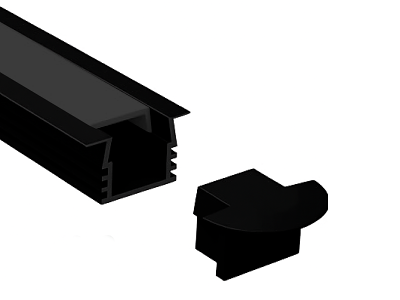 Alu-skinne SORT m. krave for LED strip. 190 cm. (17x12 mm) inkl. mørk cover samt endestykkesæt