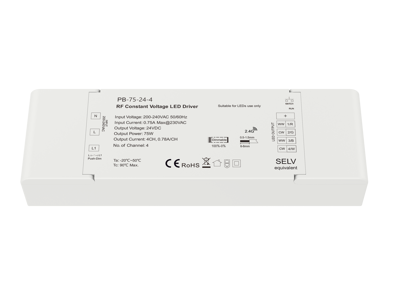 LED 4-kanals driver 24V 75W dæmpbar RF 2.4GHz for trådløs styring + PUSH dæmp