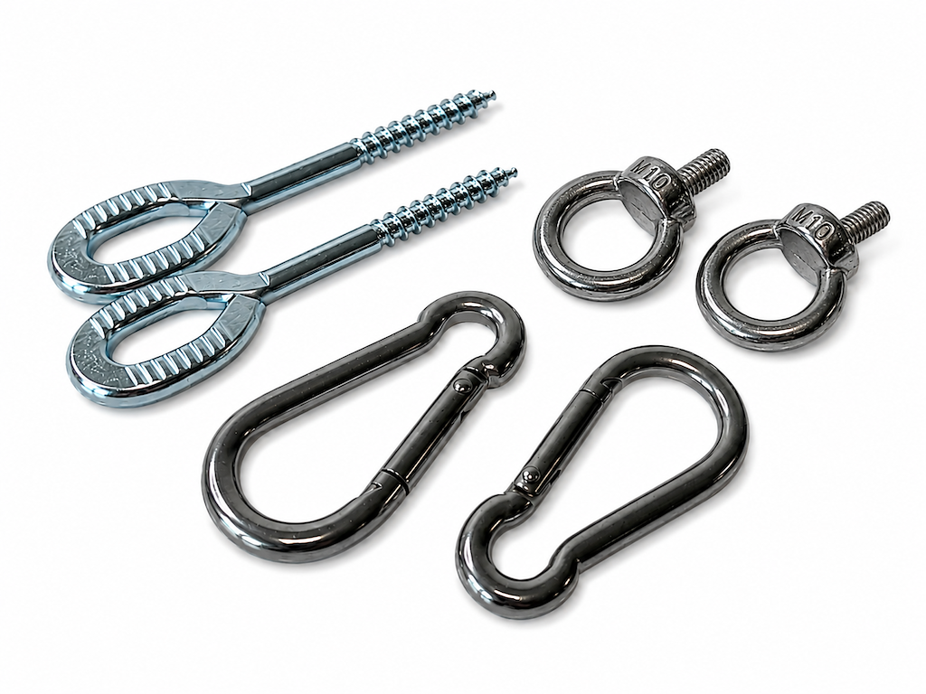 2 Karabiner. 2 Øskner. 2 Øjeskruer. Galvaniseret