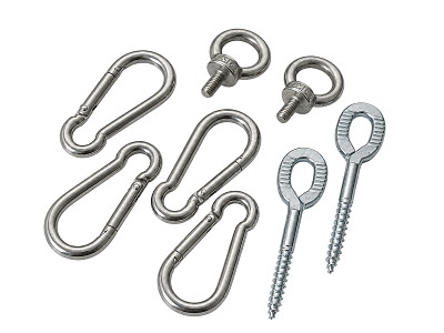 4 Karabiner. 2 Øskner. 2 Øjeskruer. Galvaniseret