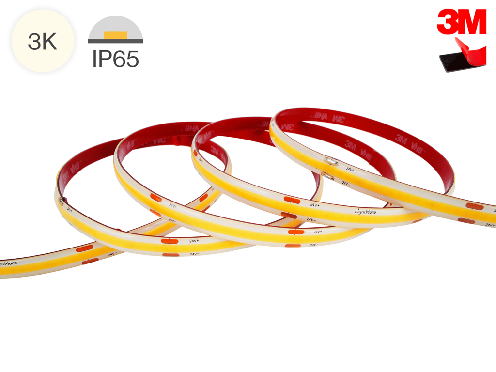 LightMore LED COB strip 5 m. 4.5W/m. 24V. Ra95. 320LED/m. 3000K. IP65. 6mm PCB. 20 cm. ledning i begge ender