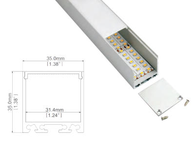 Alu-skinne for LED bånd. 35x35mm. 180 cm. inkl. cover (tilkøb endestykker og clips)