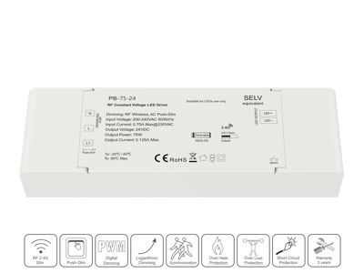 LED driver 24V 75W dæmpbar RF 2.4GHz for trådløs styring + PUSH dæmp. med AC adapter + DC adapter monteret